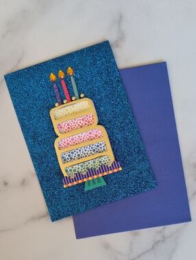 Blue Glitter Birthday Card with Layered Cake Design